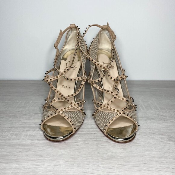 Louboutin Alarc Nude Leather Spiked Heels - Picture 4 of 9